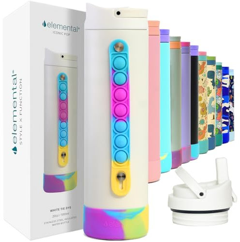 Elemental Iconic Pop Kids Water Bottles with Pop Strap - Triple Wall Leakproof Insulated Stainless Steel Water Bottle - Dishwasher Safe and BPA Free Water Bottle with Straw - White Tie Dye - 591 ml