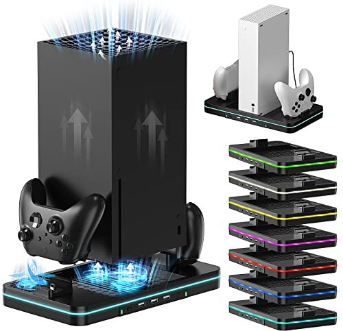 Ventilador de refrigeración vertical y soporte de carga para la consola y el controlador Xbox Series X/S, luces LED/2 velocidades del ventilador, accesorios de la estación carga del controlador dual