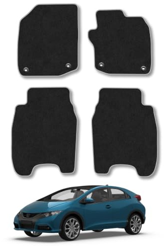Fits Honda Civic (2011-2016) Carpet Car Mats | Tailored Fit Tufted-Pile Premium Carpet Blue Trim Non-Slip Floor Mats Full Coverage Compatible Accessory Front Rear