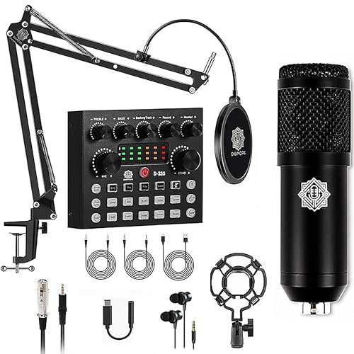 DIGIMORE D-430 Condenser Microphone Kit Podcast Equipment Bundle with V8 Sound Card Set, Adjustable Scissor Arm Stand Shock Mount and POP Filter for Singing, Karaoke, Gaming, Podcasting & Recording