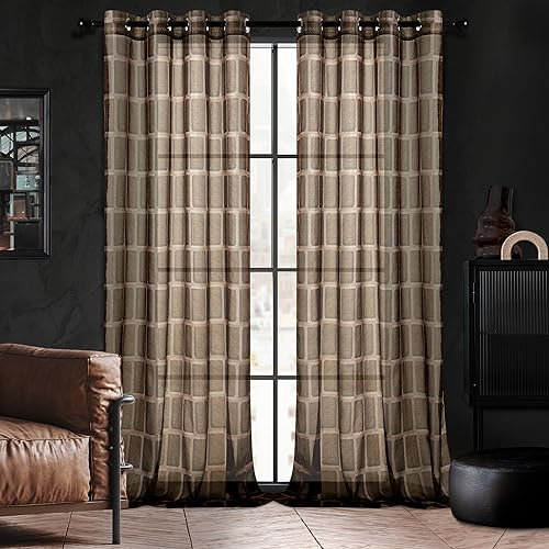 Deconovo - Design della Collezione Urban - Timmore, Tende con Anelli Trasparenti in Voile per Finestre 2 Pezzi, 140X260 CM, Marrone