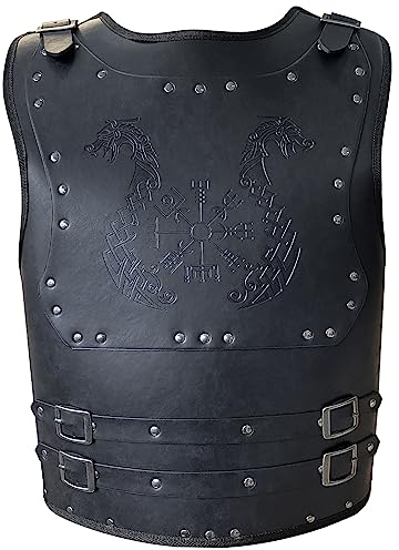 HiiFeuer Viking Warrior PU Leder Brustpanzer, Retro Ritter Leder Körperpanzer, Mittelalterliche Rüstung für LARP/Cosplay (Dragon Schwarz)