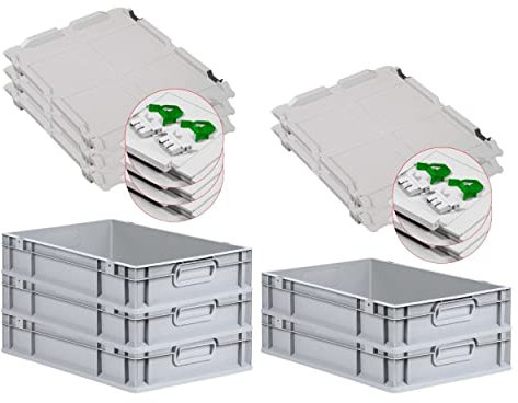 PROREGAL SuperSparSet 5x Eurobox NextGen Grip mit Scharnierdeckel und grünen Schiebeschnappverschlüssen, HxBxT 12x40x60cm, 23 L, Grau, Griffe geschlossen, Eurobehälter, Transportbox