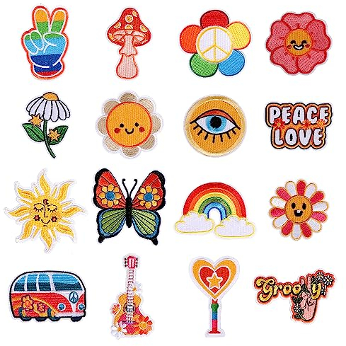 16pcs Hippie Retro Iron on Patches, Colored Embroidery Iron On Knee Patches Cute Applique Sew on Vintage Patches for Backpacks Boho DIY Craft Accessories Jean Clothes