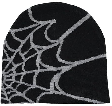 CORIRESHA y2k Beanie für Damen und Herren, Spinnennetz, Strickmütze, warm, weich, Gothic-Stil, Wintermützen, Schwarz Grau, Einheitsgröße