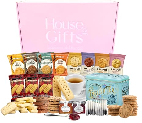 English Breakfast Tea & Biscuits Hamper For Her with Border Biscuit, Luxury Tea Tin, Walkers Biscuits & Shortbread with Jams | Biscuits Gift Set | Luxury Gifts For Women and Dads | Her and Him