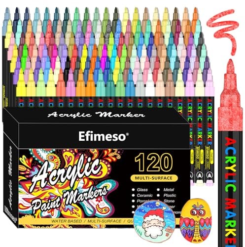 Efimeso Acrylic Paint Pens Set-120 Colours Paint Markers for Rocks Painting Ceramic Stone Glass Wood Metal, Acrylic Pens 0.7mm Extra Fine Tip Water Based Paint Pens Kids
