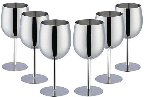 Buyer Star Stainless Steel Wine Glasses Set of 6, Unbreakable Goblet Glass Gift Set White Red Wine Stemmed Cocktail Glasses Metal Drink Champagne Goblet Party Wedding (Silver)