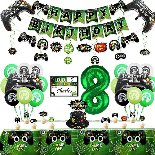 Videospiel Party Dekorationen - 8. Geburtstag Dekorationen für Jungen, Happy Birthday Banner, Videospiel-Ballons, Tischdecke, Controller-Ballon, Gaming-Hängeschild, Gaming-Geburtstags-Party-Zubehör