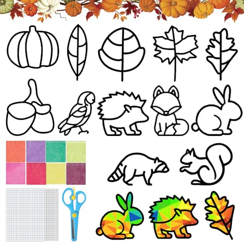 TUIBEIDAMAI Herbst Bastelset Kinder, 12 Stück Herbstdeko Basteln Kinder, Bastelvorlagen Fensterbilder Herbst, DIY Bastelset Blätter Deko Geschenk