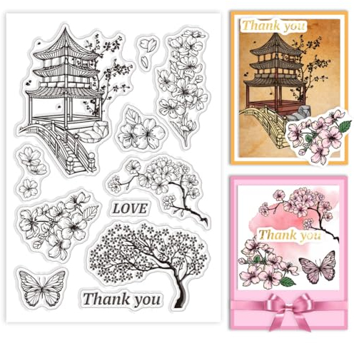 GLOBLELAND Japan Kirschblüte Und Pavillon Transparente Klare Stempel Kirschblüten- Und Schmetterlings-Prägestempelbögen Transparente Silikonstempel Siegel Für DIY-Scrapbooking