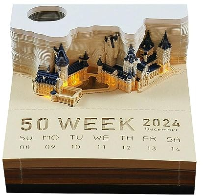3D Memo Pad, 2024 Schreibtischkalender Memo Pad, 3D mit Kalender Notizblock Licht Schreibwaren Zubehör U8L5 Schloss Wochenzeit