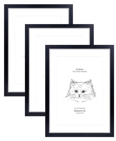 Joyshare Bilderrahmen A3 Schwarz, 3 PACK mit Passepartout MDF Holzrahmen DIN A3 27.9x42 cm Bilderrahmen, Hochklar Acrylglas Moderner Fotorahmen, ideal für Fotos/Bilder/Kunstwerke, Wechselrahmen