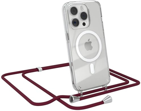 EAZY CASE - Handykette kompatibel mit iPhone 15 Pro Kette zum Umhängen Stoßfest Handyhülle für iPhone 15 Pro Silikon Hülle mit Band Handytasche Transparent als Fallschutz in Burgunder Rot