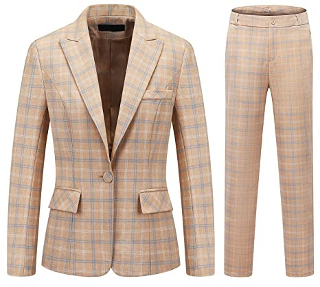 MODFUL Women Suits Formal 2-Piece Plaid Trouser Suit Smart Office Classic Suit for Ladies UK (Apricot, XL)