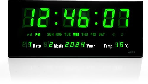 TruWare Just Camp Wanduhr Digital Groß LED Uhr mit Kalender Temperaturanzeige Studiouhr für Gewerbe Cafes Kiosk Digitaluhr XL (Grün)