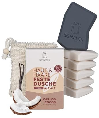 Duschbrocken 2in1 Festes Shampoo & Duschgel All in One Set - 5x Carlos Cocos, FAIRpackung & Sisalsäckchen - Natürlich, Vegan & Plastikfrei