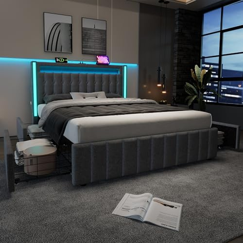 Merax Polsterbett 140x200cm mit 4 Schubladen, Modern Doppelbett Bettgestell mit LED und USB Typ C Ladefunktion, Lattenrost aus Holz, Stauraumbetten, Jugendbetten, Leinenmaterial, ohne Matratze, Grau