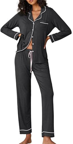 Ekouaer Pigiama Donna Manica Lunga Set Pigiama Lungo Abbigliamento da Notte a Due Pezzi Morbido Set Pigiama Grigio XS