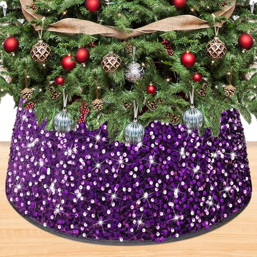 OMKSIH Collare viola per albero di Natale, 50 cm, con paillettes, per gonna scintillante per albero di Halloween, copertura per base dell'albero di Natale, viola scuro, decorazioni classiche per