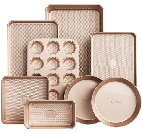 Slow Slog Baking Pans Set 8-Piece Bakeware Sets, Baking Sets for Cooking Nonstick Oven Pan Set, Baking Sheet Set, Cookie Sheets for Baking, Muffin Pan, Cookie Sheets (Ceramic Coated Gold)