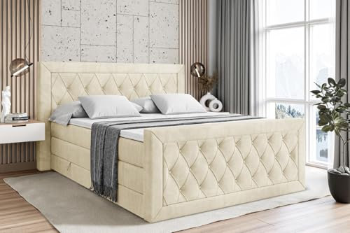 ALTDECOR Boxspringbett mit H3 Matratze-Bonellfederung, H4 Multipocket-Matratze, PUR, Topper (4 cm hoch), Polsterbett mit Kopfteil und Bettkasten - Noel-Z King - 180x200 - Beige Monolith