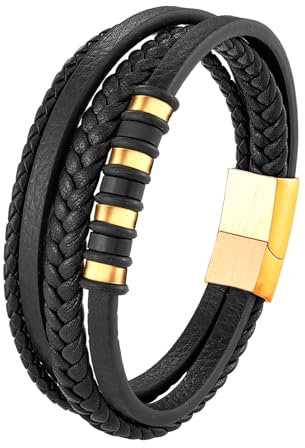 Hernin Leder Armreif Herren Armband Leder Schwarz Geflochten Leder Breites Wickelarmband Lederarmband Herren mit Magnet Verschluss Männer Personalisiertes Armband (Gold Verschlusses)