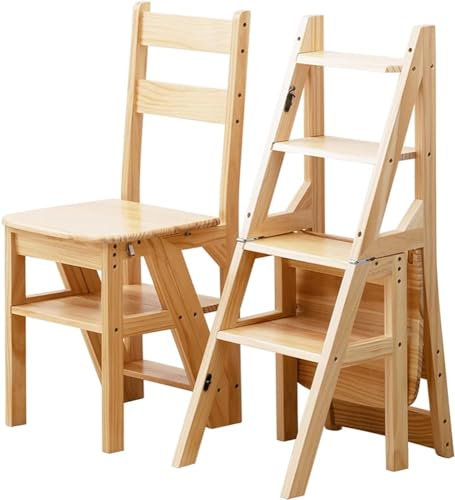 LJPZYOY Chaise d'échelle de bibliothèque Pliante à 4 marches en Bois Massif Escabeau Chaise d'escabeau Tabouret Pliable Escabeaux à Double Usage Présentoir Support à Fleurs (Couleur : Bois)