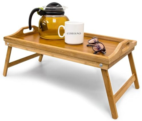 Bandeja o Mesa para Cama Desayuno de Madera bambú, Doble función, Patas desplegables, Borde Alto. 50X30X22cm