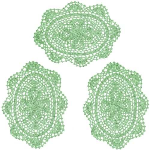 BOMHCS 3 x ovale Platzdeckchen mit Spitze, Blume, handgefertigt, Häkeluntersetzer, Breite 20,3 cm - 22,9 cm, Länge 27,9 cm - 30,5 cm, Küchentischdeckchen (3, Apfelgrün)