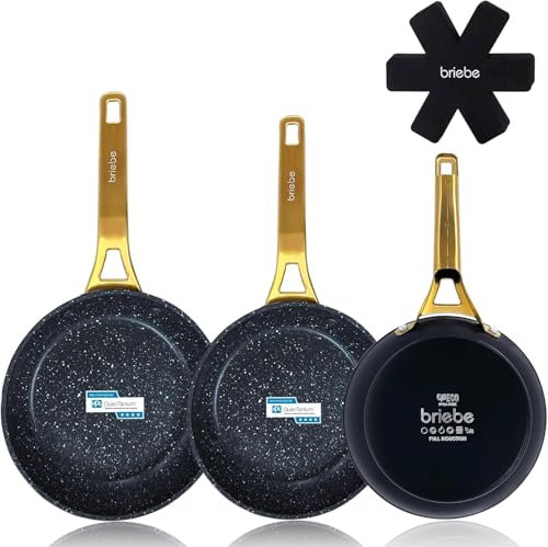 briebe Gold Titanium Set 3 Sartenes Antiadherentes Inducción Titanio 18-20-24cm, Aluminio Forjado Recubrimiento sin PFOA, Mango Profesional Acero Inox, Vitrocerámica, Gas, 3 Protectores