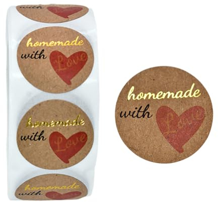 500 Stück Aufkleber Homemade with Love Sticker,Rollin Kraftpapier Aufkleber Rund,Geschenktüten Kraftpapier Aufkleber Runde,Etiketten Rollendekor für Backen Geschenktüten