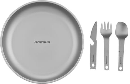 Aomiun Plato de Camping de Metal con Juego de 3 Piezas, vajilla integrada, Plato de Titanio, Platos para Acampar, Platos para Ensalada, Juego de Comedor Ultraligero para Exteriores
