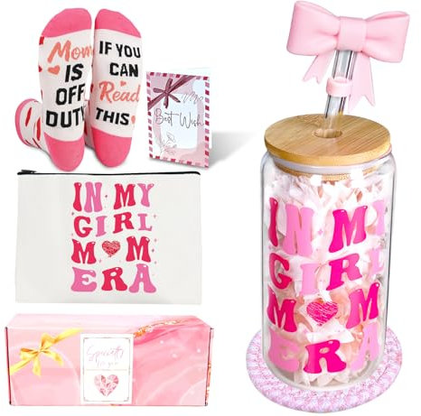 ANOTION in My Girl Mom Era Glass Cup, 18oz/532ml Cute New Mom Gifts, Iced Coffee Glass Cups with Lids Straws Thank You Gift Girl Mother Gift Box Set