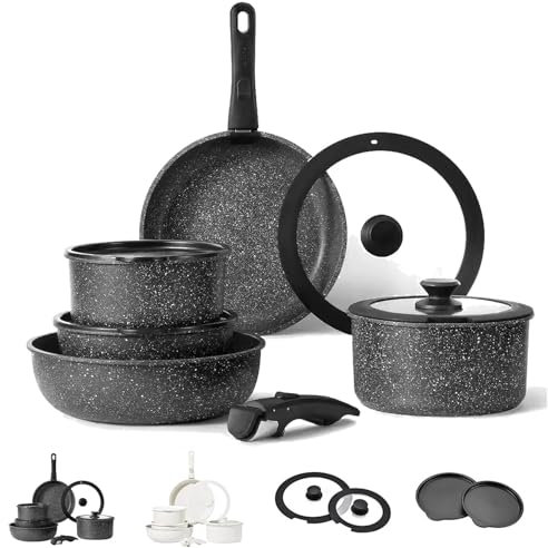 UDXFYS Non Stick Cookware Sets, Pots and Pans Set with Detachable Handle, Stackable Dishwasher Oven Kitchen Set with Removable Handle for Healthy Cooking Super Easily Clean black