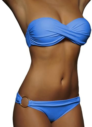 Minetom Maillots de Bain 2 Pièces Femme Été Push Up Bandeau Ensembles Bikini Set Plage Swimsuit Swimwear Beachwear A Bleu XL