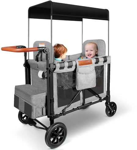 Badovinci Chariot de poussette pliable pour 2 enfants, avec 2 sièges hauts avec harnais à 5 points et auvent réglable, parfait pour le jardin, le camping, le chariot d'épicerie