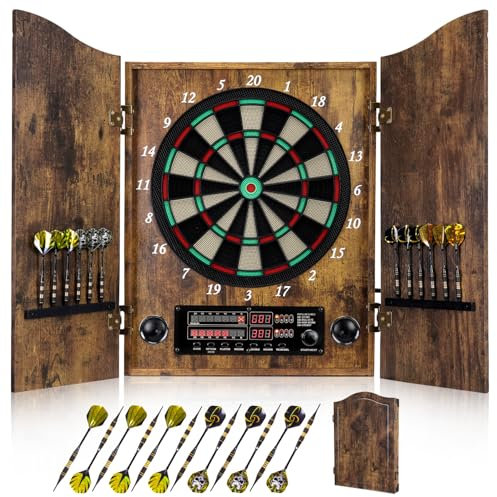 Yirinatek Dartscheibe Elektronisch, Dekoratives Elektronische Dartscheibe Schrank-Set [12 Bronze Soft-Tip Pfeile][Cricket-Spielmodus], Profi E Dart Scheibe mit Holzschranktüren - Weinlese
