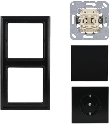 Jung Serie LS Komplett-Set Schwarz: LS1520KISW SCHUKO® Steckdose mit Berührungsschutz + LS990SW Wippe + 506U Wippschalter Universal Aus-Wechsel + LS982SW Rahmen 2fach