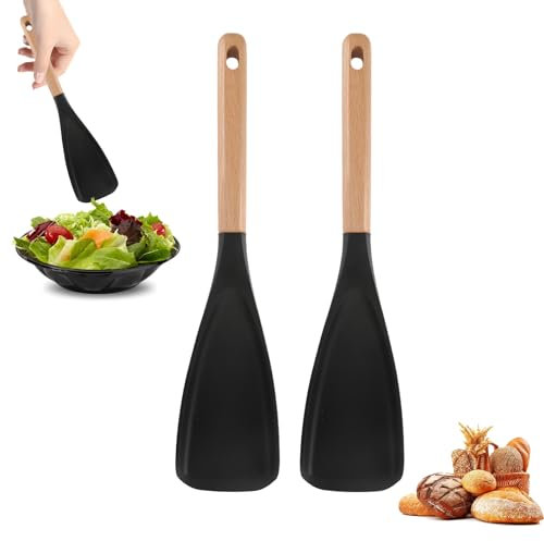 2 PCS Multifunction Spatula Cooking Spoon Silicone Spoons for Cooking Easy to Clean Kitchen Utensils Non-Stick Silicone Cooking Tools with Wooden Handle (Black)