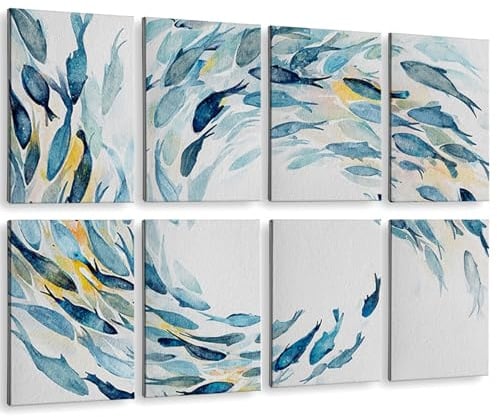 ARPEOTCY Acoustic Art Wall Panels for Bedroom, Recording Office, podcast, TV, 48x32in, Ocean Wall decor, Watercolor Fish Art Picture, Soundproof Sound Absorbing, 8pcs