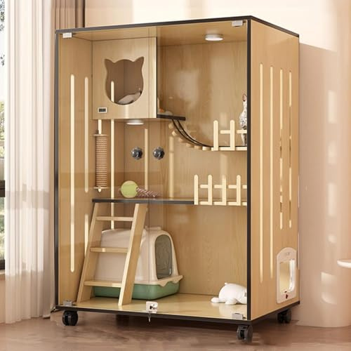 Large Wooden Cat Enclosure - Multi-Feature Indoor/Outdoor Cat House with Escape Doors & Casters, Ideal for Home & Pet Shops, 120x60x60cm, Durable & Spacious