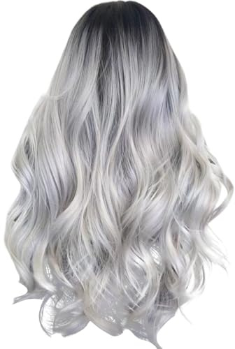 Perücke Damen, 65 cm Perücke, PerrüCke Frauen Lange Gewellt Ombre Schwarz Grau, Wig mit Haarnetz, Cosplay Perücken für Frauen Wurzeln Alltag Kostümparty Halloween