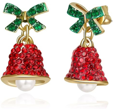 WATEFOER Pendientes Navidad para Mujer, Pendientes Sombrero Papá Noel Cristal Rojo Campana, Pendiente para Decoración Navideña, Regalos Joyas Navidad para Mujer Niñas