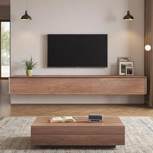 CinderWick Wall-Mounted Floating TV Stand, Walnut Media Console, 200 cm | Engineered Wood, 3 Handleless Drawers, Cable Management, Space-Saving Design, Fits 85 Inch TVs, Living Room Bedroom