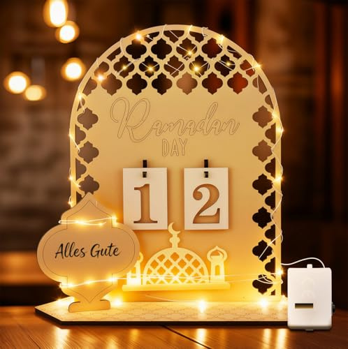 Ramadan Deko mit LED Lichterkette, Ramadan Kalender Aus Holz, Eid Mubarak Adventskalender, DIY Ramadan Dekoration 30 Tage Countdown für Islam Zuhause Wohnzimmer Tischdeko 2026