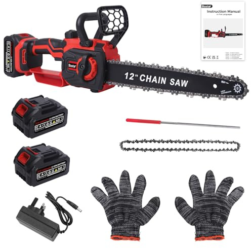 Bostar Cordless Chainsaw 12 Inch (30cm) 1300W Brushless Motor, 2X 4.0Ah Batteries, Electric Chain Saw with Auto Oiling & Tool-Free Tension for Cutting Logs & Garden (Compatible with Makita Battery)