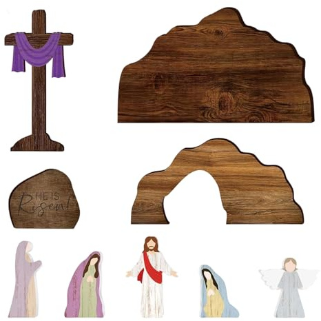 Hamosky Weihnachtskrippe aus Holz mit Kreuz und Grab, 9-teiliges Oster-Auferstehungsdisplay, rustikale religiöse Figuren für Zuhause, Kirchendekoration, He Is Risen Thema