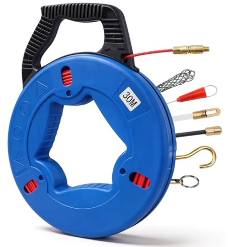 Spirale passacavi da 30 m in fibra di vetro, 4 mm, aiuto per infilaggio cavi, con testa in rame e 6 adattatori, molla passacavi, filo di traino, per tubi vuoti per cavi elettrici in fibra di vetro
