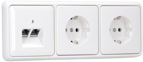 JUNG Serie CD Cat.6A Doppel-Netzwerkdose & 2 Steckdosen Alpinweiß | mit Cat.6A UAE-Anschlussdose, CD569-2UAWW Abdeckung, 2x CD1520WW SCHUKO Steckdose + CD583WW Rahmen 3-fach